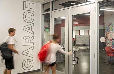 Students enter the Academy Garage